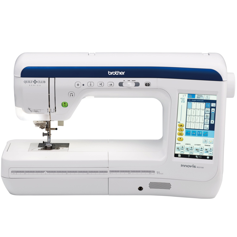 Brother Innov-is BQ3100 sewing and quilting machine with blue trim, LCD display and quilting workspace.