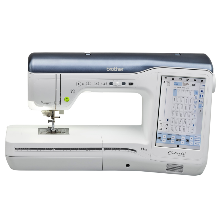 Brother Celeste CX1 sewing machine with navy cover and large touchscreen.