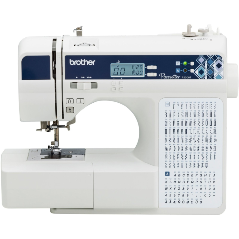 Brother Pacesetter PS300T computerized sewing machine with stitch selection LCD and white body.